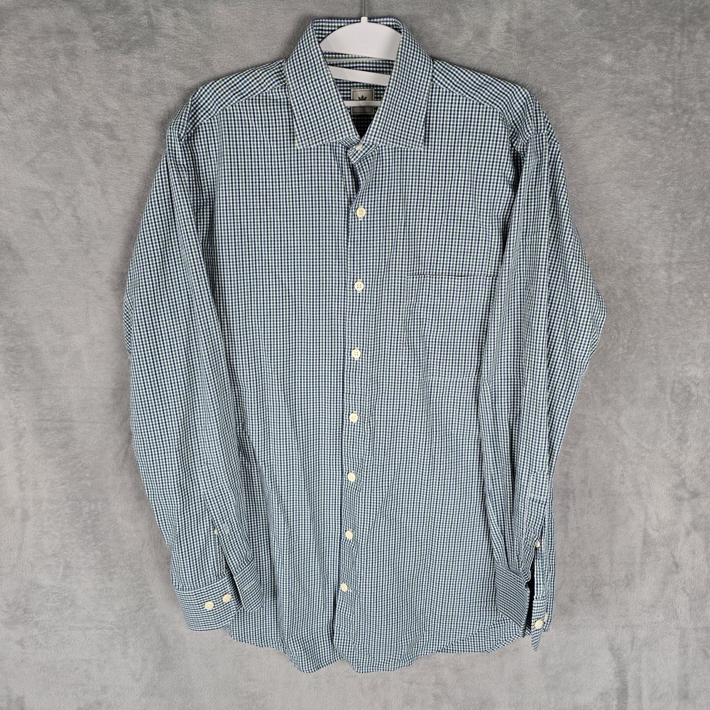 Peter Millar Mens Medium Gingham Check Button Down Shirt Green Navy Blue Cotton
